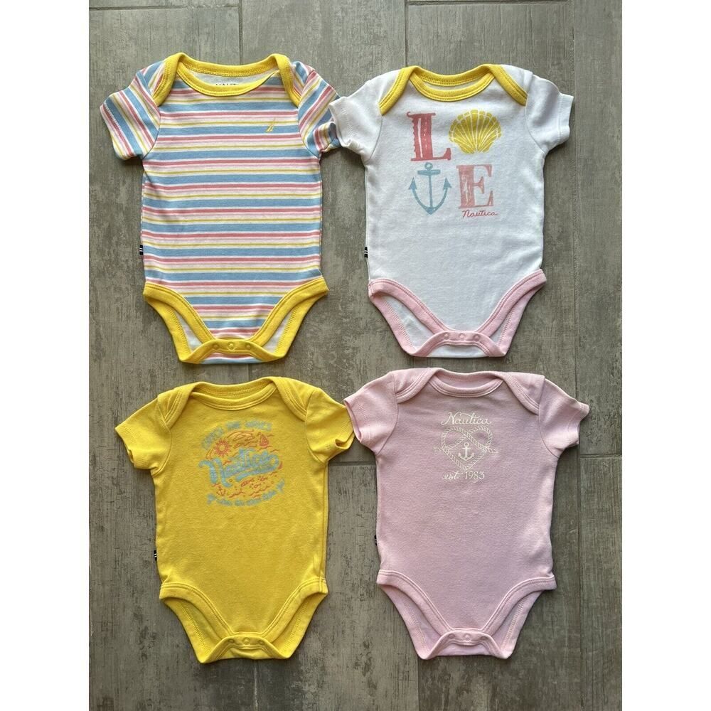 NAUTICA Baby Girl Bodysuit Romper One-Piece Set Lot of 4 Cotton Beach Summer 0-3
